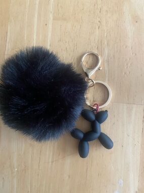Black Pom Pom w Balloon Dog Keychain bag charm. NWOT